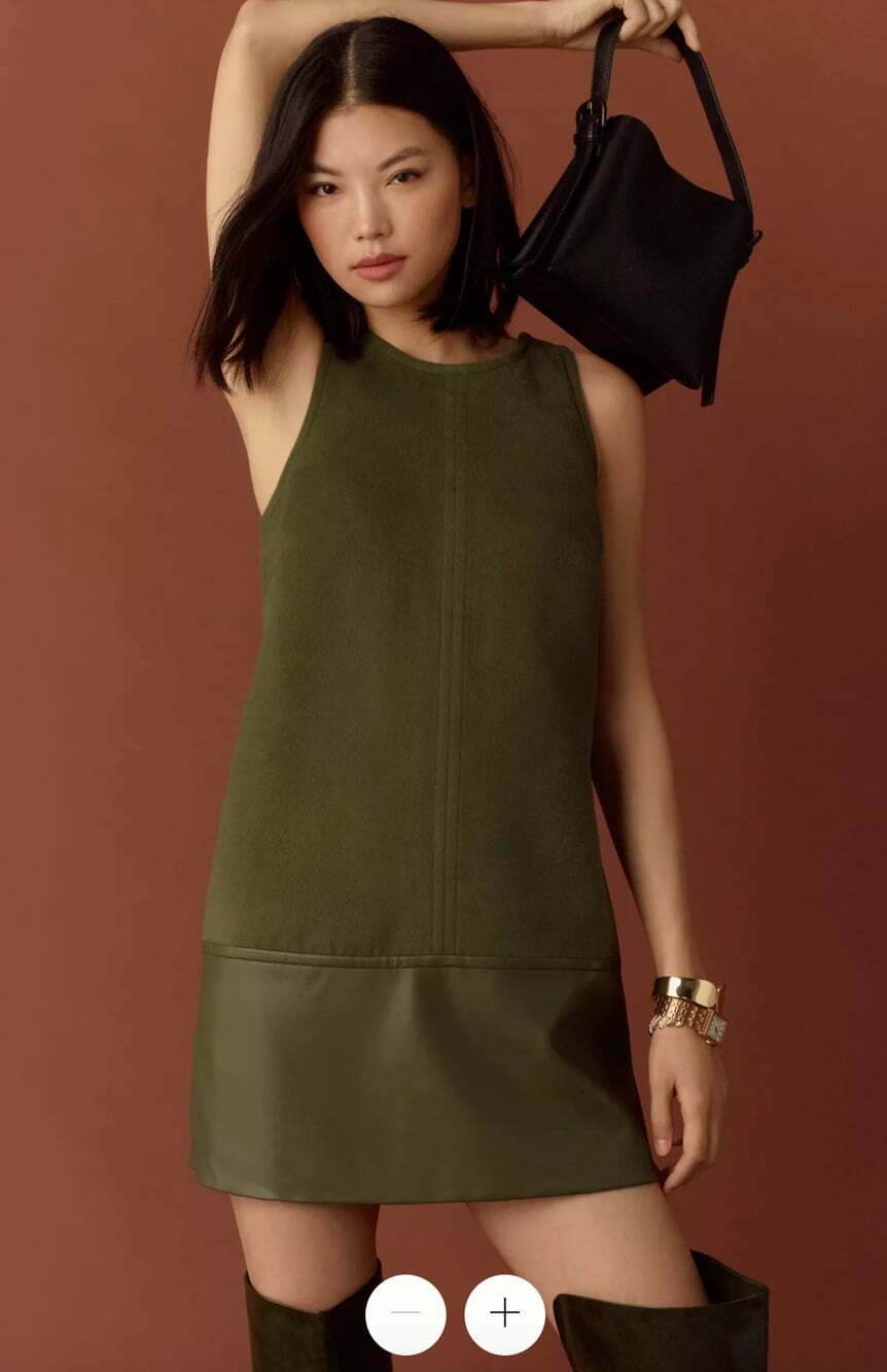 Anthropologie NWT Felted Faux Leather Shift Mini Dress in Olive Green Size Small